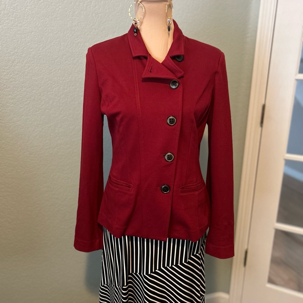 CAbi Rhubarb Red stretch Ponte Knit button up asymmetrical Ava Outing 4